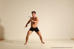 Underwear Fighting Man White Muscular Short Brown Dynamic poses Academic